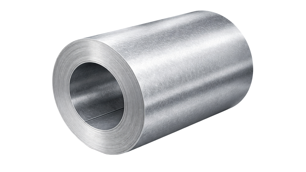 Свернутый в рулон серый оцинкованный металлический лист на светлом фоне