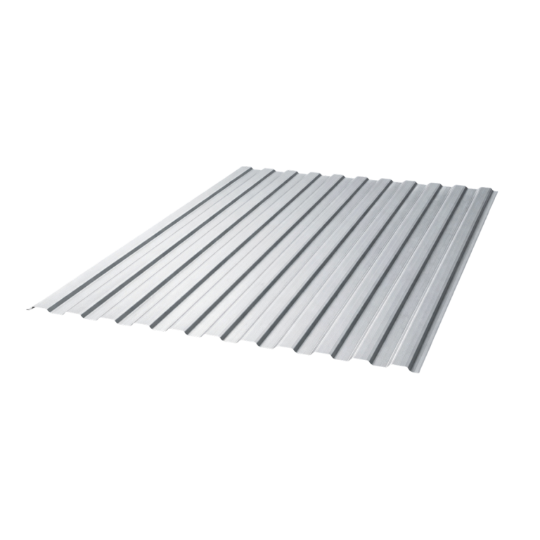 Лист серого профнастила с низкими вертикальными гофрами на светлом фоне
